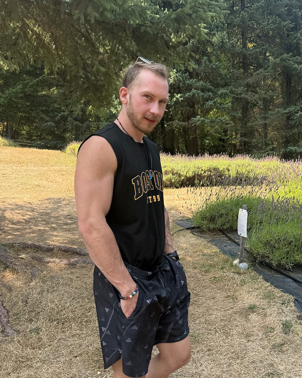 Kaan, the baker behind Luce, at a lavender farm on Vancouver Island